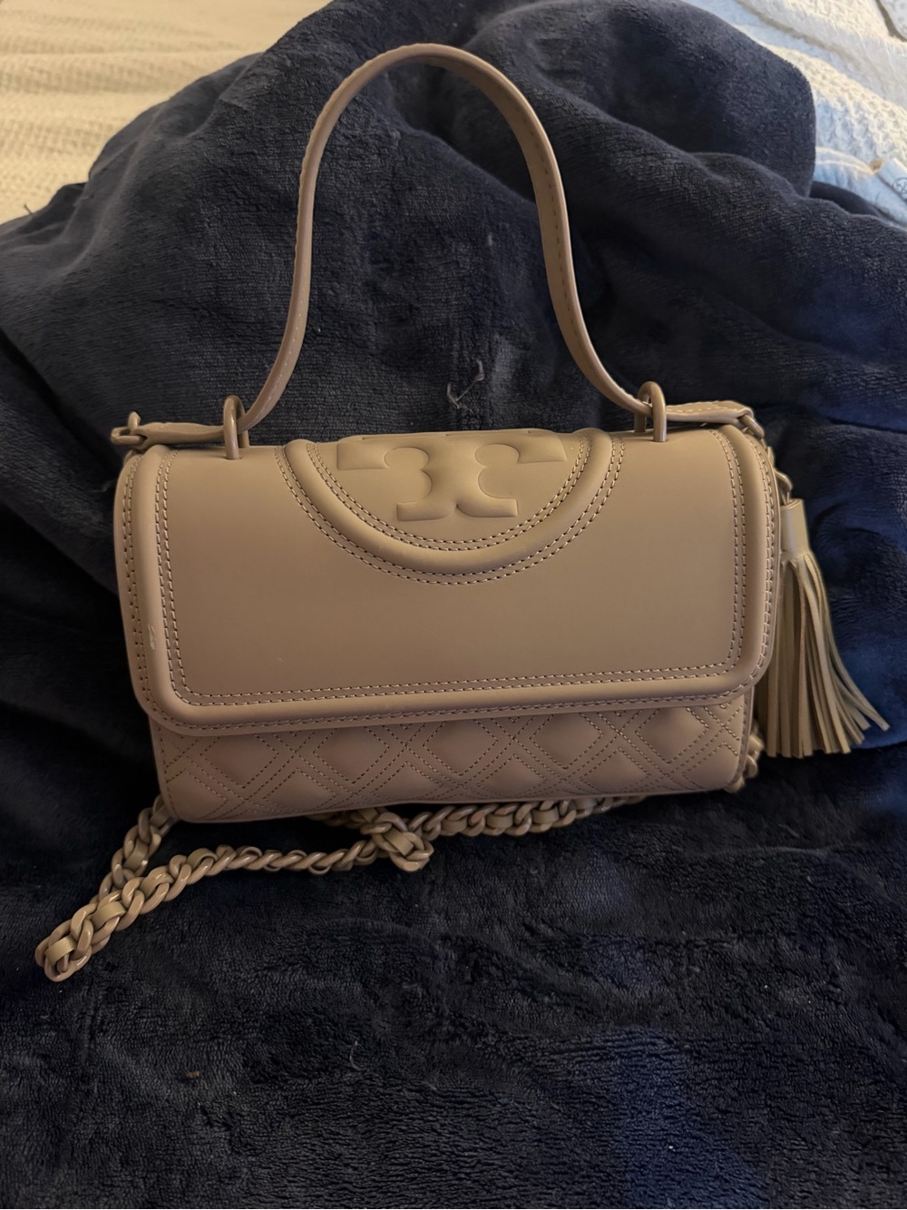 Tory Burch Taupe Quilted Leather Shoulder Bag with Tassel